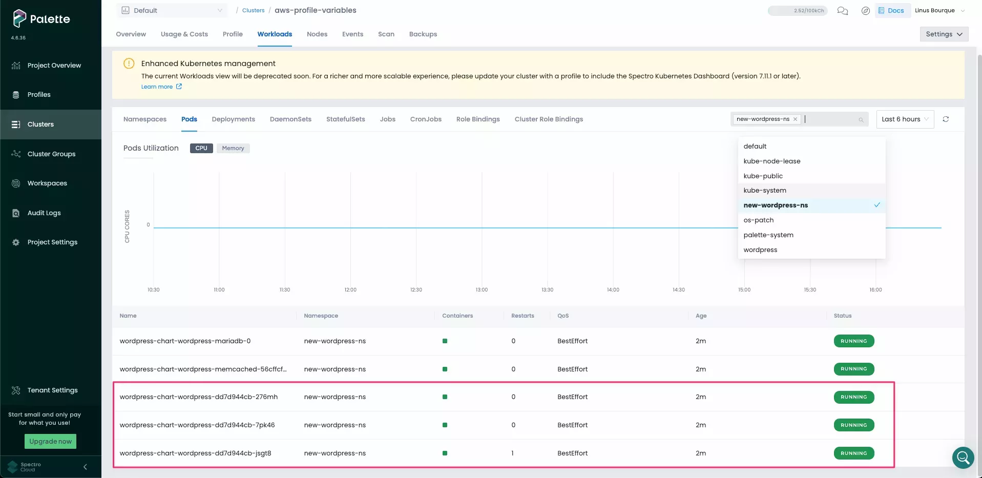 Image that shows new replicas in new namespace for WordPress