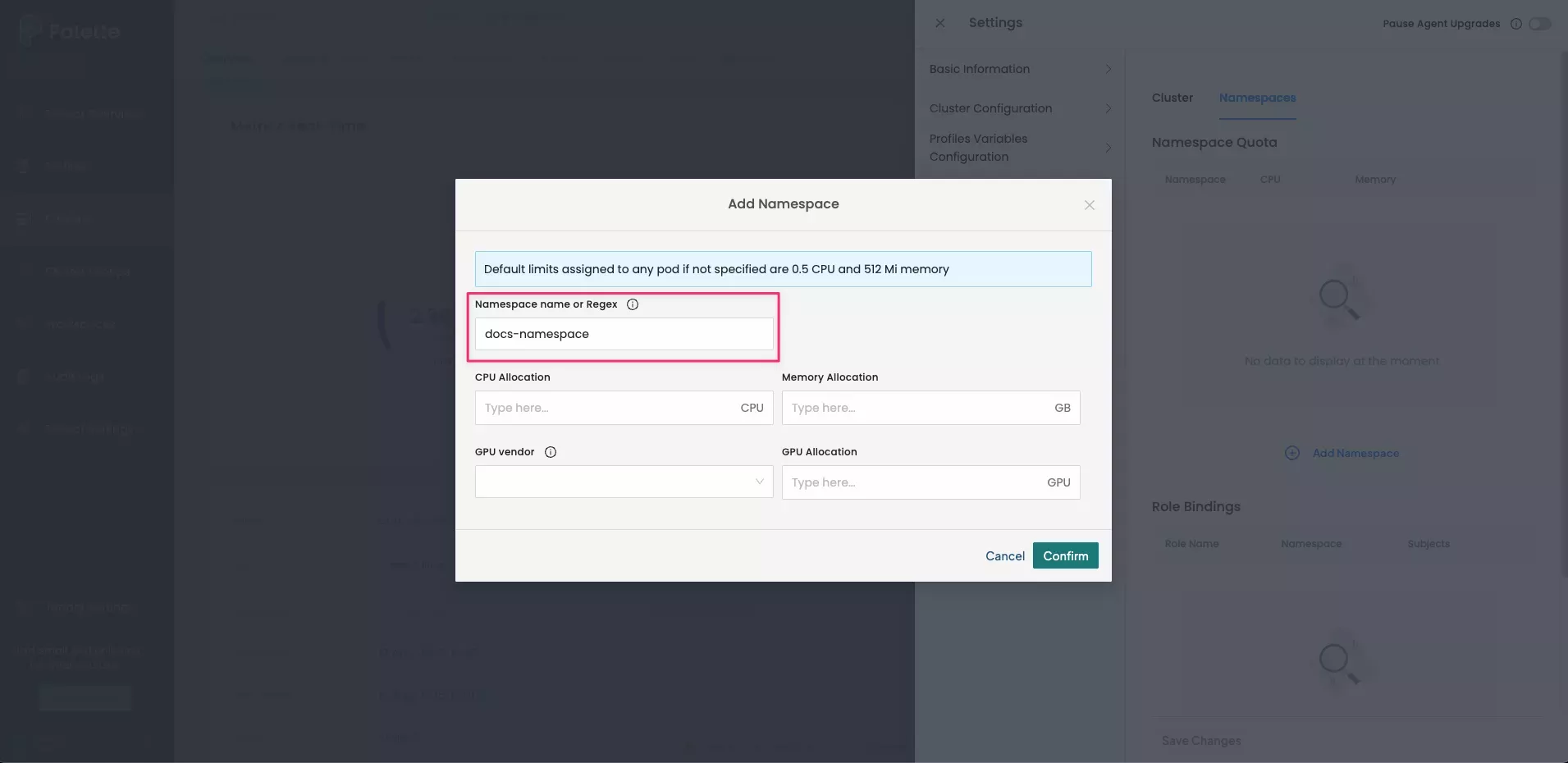 Cluster Settings pane showing how to add new namespace
