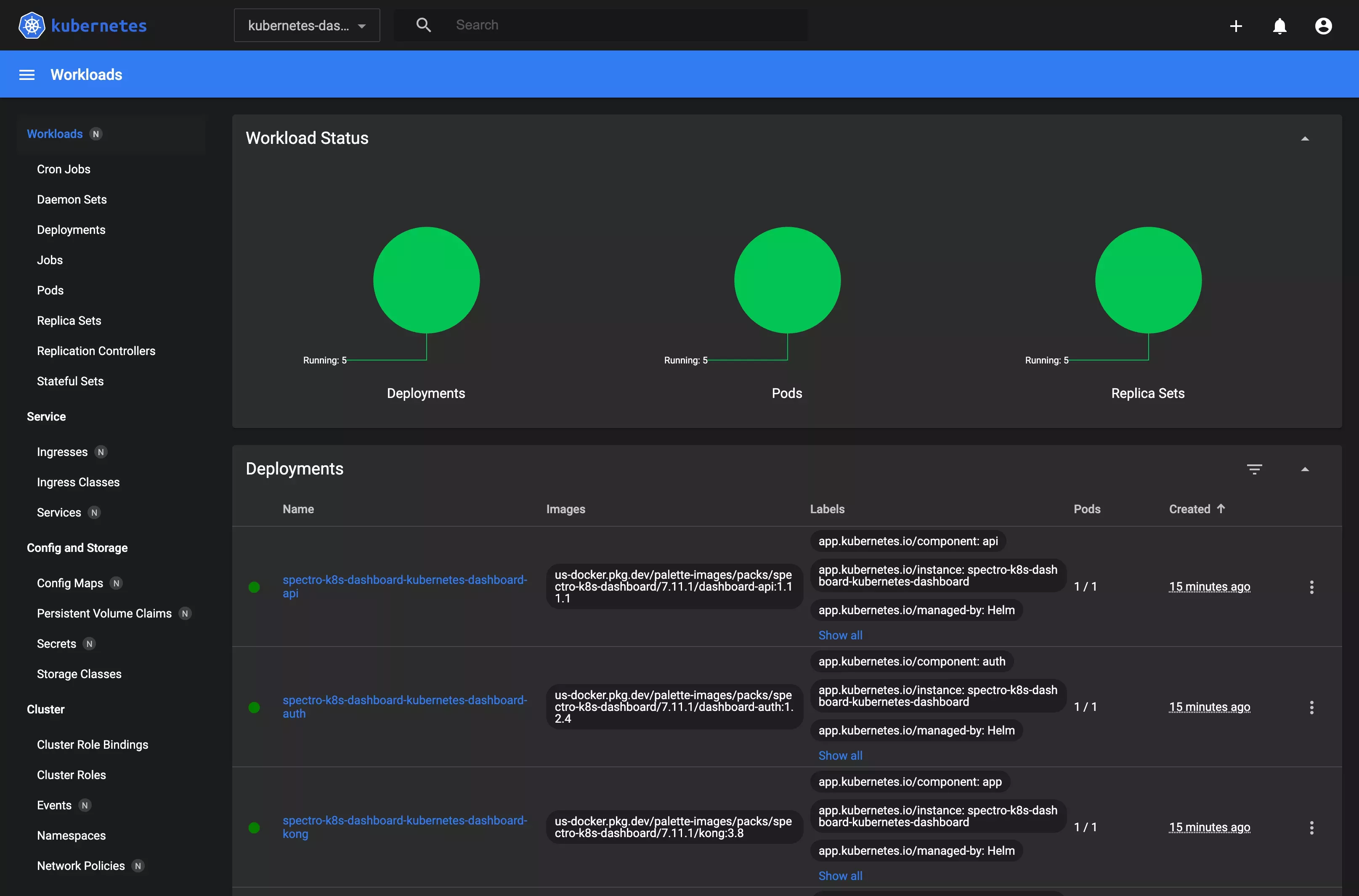 Image showing a connected k8s dashboard with the Kubernetes-dashboard namespace selected