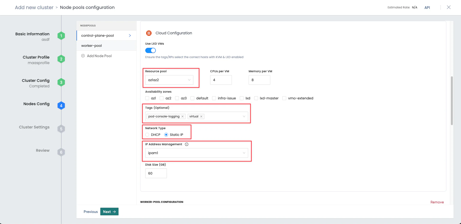 Screenshot of Cloud Configuration section in Node pools configuration