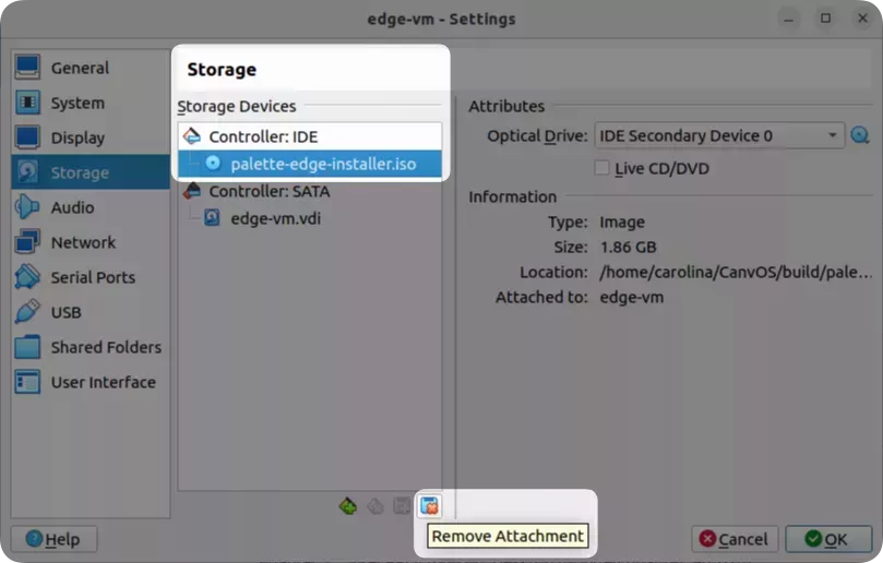 A screenshot of the VirtualBox VM storage configuration.
